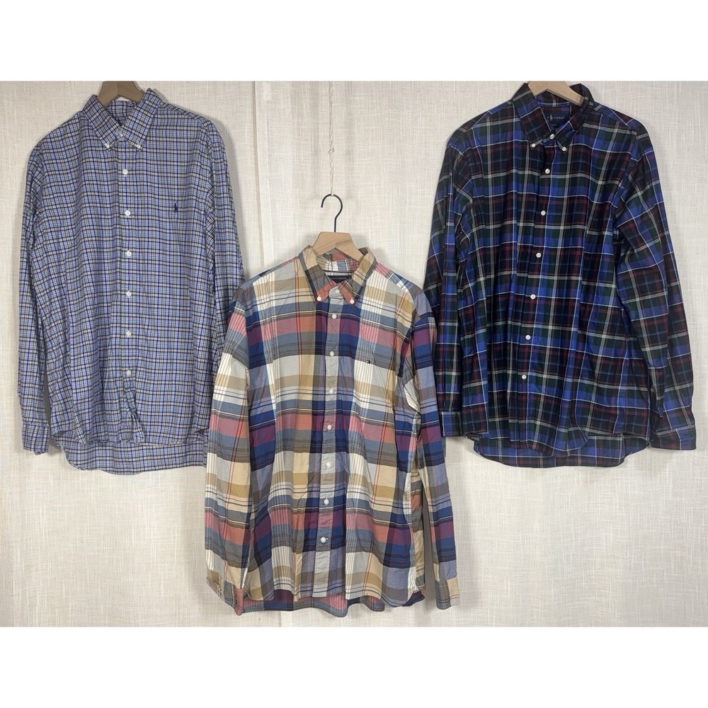 Men's Sz XL Ralph Lauren Long Sleeve Button Down Plaid Shirt Lot of 3 Tommy